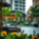 A vibrant outdoor scene at Al Khawaneej Walk showcasing lush greenery and stylish seating areas