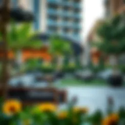 A vibrant outdoor scene at Al Khawaneej Walk showcasing lush greenery and stylish seating areas