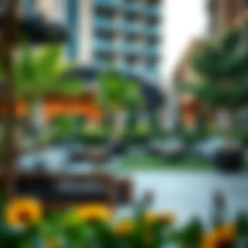 A vibrant outdoor scene at Al Khawaneej Walk showcasing lush greenery and stylish seating areas