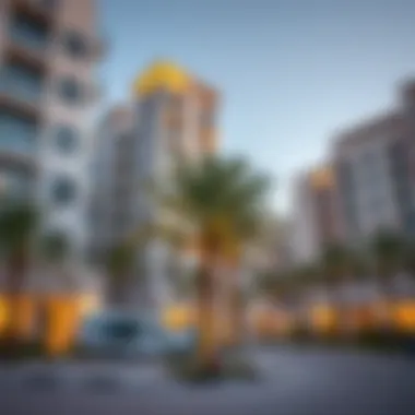 Modern residential buildings in Al Sufouh with palm trees