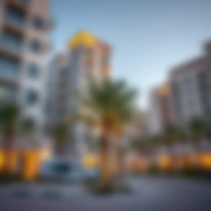 Modern residential buildings in Al Sufouh with palm trees