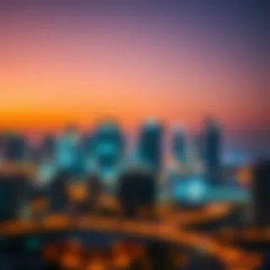 Business Bay skyline at sunset with glowing lights