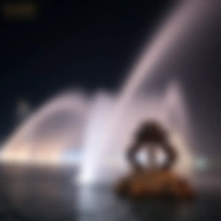 The Dubai Fountain illuminated at night, creating a stunning spectacle of light and water choreography