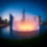 A panoramic view of the Dubai Fountain showcasing its mesmerizing water displays against the Burj Khalifa