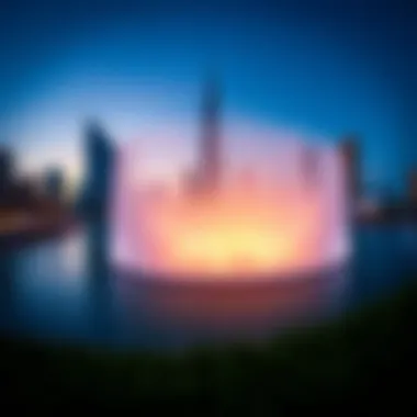 A panoramic view of the Dubai Fountain showcasing its mesmerizing water displays against the Burj Khalifa