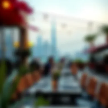 Vibrant outdoor dining scene with city skyline