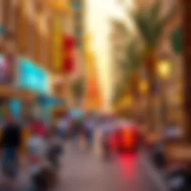 Vibrant street life along Dubai Boulevard with bustling cafes