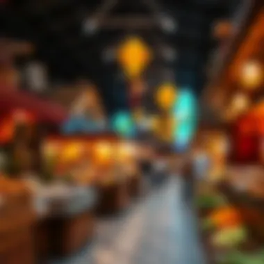 A vibrant marketplace inside the Global Village Box showcasing international cuisines