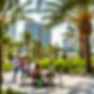 Community gathering area within Masdar City Park, designed for social interaction and events