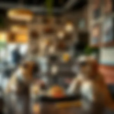 A cozy cafe setting with pets enjoying a meal