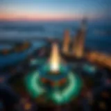 Aerial view of Palm Fountain illuminated at night