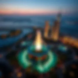 Aerial view of Palm Fountain illuminated at night