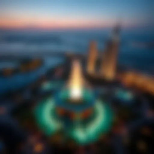 Aerial view of Palm Fountain illuminated at night