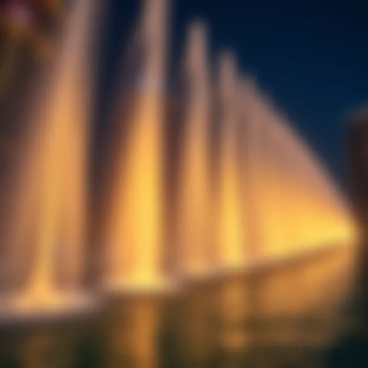 Close-up of water jets and light display