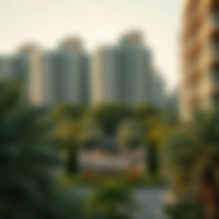 Residential buildings surrounded by trees and green spaces