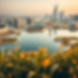A panoramic view of Dubai's lakes reflecting the skyline
