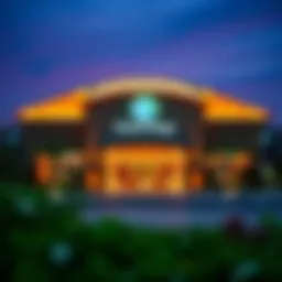 Vibrant view of Global Village entrance at dusk