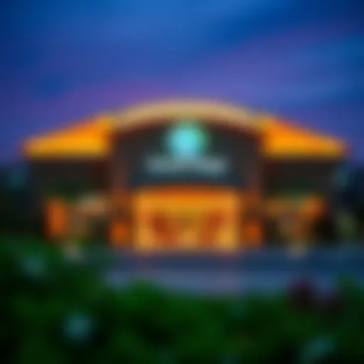 Vibrant view of Global Village entrance at dusk