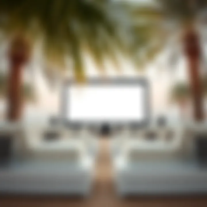 Luxury lounge chairs facing a large outdoor screen, surrounded by palm trees and beach aesthetics.