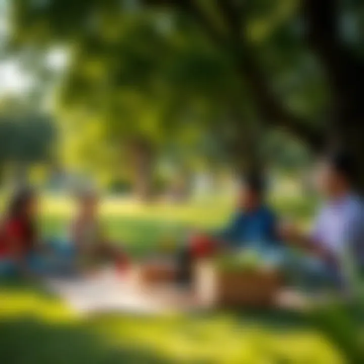 Families enjoying a picnic in the shaded areas of Mamzar Park.