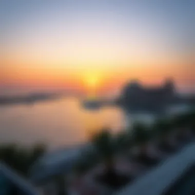 The picturesque view of Rixos Dubai Island at sunset