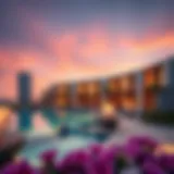 Stunning view of Soho Garden's modern architecture against a sunset backdrop