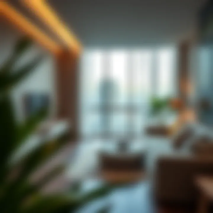 Amenities in a unified studio, including contemporary furnishings and smart home technology
